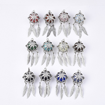 Alloy Cage Big Pendants, Hollow Round, with Synthetic Mixed Stone Round Beads, Antique Silver, Woven Net/Web with Feather, Mixed Color, 57~58x24x22mm, Hole: 8.5x3.5mm, Inner Diameter: 17mm, Bead: 15.5~16mm