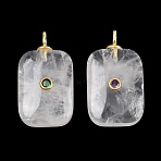 Natural Quartz Crystal Pendants, Rock Crystal Rectangle Charms with Brass Micro Pave Cubic Zirconia(Random Color) Findings, Golden, 33x18.5x9mm, Hole: 3.5mm(G-F837-04A)