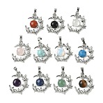 Natural & Synthetic Mixed Stone Pendants, Brass Bird Moon Charms, Platinum, Rack Plating, Mixed Dyed and Undyed, 27~28.5x23.5~24.5x6.5~7mm, Hole: 7x5mm(G-B194-01P)