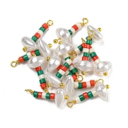 ABS Plastic Imitation Pearl Pendants, with Real 18K Gold Plated Brass Loops and Glass Seed Beads, Green, 18.5~19.5x8x5.5mm, Hole: 1.6mm(KK-C046-01D)