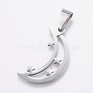 304 Stainless Steel Pendants, Moon with Star, Stainless Steel Color, 31x17x6mm, Hole: 3x9.5mm(STAS-F106-65P)