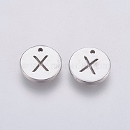 304 Stainless Steel Charms,  Flat Round with Letter, Stainless Steel Color, Letter.X, 10x1mm, Hole: 1mm(STAS-P225-104P-10)
