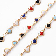 Handmade Brass Link Chains, with Enamel, Soldered, Spool, Heart, Real 18K Gold Plated, Colorful, 10x4.5x1.5mm, about 16.4 Feet(5m)/roll(CHC-S012-075C)
