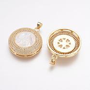Brass Micro Pave Cubic Zirconia Pendants, Long-Lasting Plated, with Shell Carved Virgin, Flat Round, Real 18K Gold Plated, 29.5x25x5.5mm, Hole: 3.5x5mm(ZIRC-G108-15G)