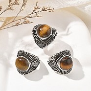 Natural Tiger Eye Adjustable Rings, Lead Free & Cadmium Free, Antique Silver Plated Brass Finger Rings for Women, 22.5mm, Inner Diameter: 17mm(RJEW-I108-03AS-14)