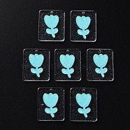 Cellulose Acetate(Resin) Pendants, with Glitter Powder, Rectangle with tulip, Cyan, 24.5x19.5~20x4~4.5mm, Hole: 1.4mm(KY-N015-73)