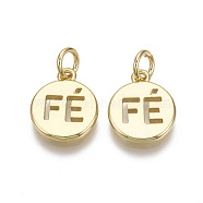 Brass Charms, with Jump Ring, Nickel Free, Flat Round with Word, Real 18K Gold Plated, 13.5x11x1.5mm, Hole: 3mm(KK-R133-025-NF)