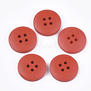 Painted Wooden Buttons, 4-Hole, Flat Round, Red, 20x4mm, Hole: 2mm(X-WOOD-Q040-001A)