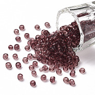 Glass Seed Beads, Transparent, Round, Round Hole, Pale Violet Red, 6/0, 4mm, Hole: 1.5mm, about 500pcs/50g, 50g/bag, 18bags/2pounds(SEED-US0003-4mm-16)