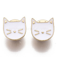 Alloy Brooches, Enamel Pin, with Brass Butterfly Clutches, Cat Shape, Light Gold, White, 14.5x14x2mm, Pin: 1mm(JEWB-S011-045B)