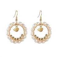 Pearl Beads Brass Dangle Earrings, Oval with Evil Eye, White, 47mm, Pin: 0.7mm(EJEW-JE04568-01)