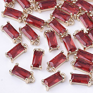 Transparent Glass Charms, with Brass Findings, Faceted, Rectangle, Light Gold, Red, 8.5x4x3mm, Hole: 1mm(X-GLAA-T007-13D)