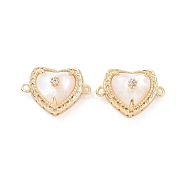 Natural Shell Connector Charms, Heart Links, with Brass Clear Cubic Zirconia Findings, Real 18K Gold Plated, 10x14x6.5mm, Hole: 1mm(KK-A168-13G)