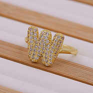 Brass Micro Pave Clear Cubic Zirconia Initial Cuff Rings, Golden, Letter W, Inner Diameter: Adjustable(FS-WGB210B-23)