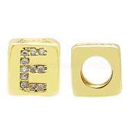 Brass Micro Pave Clear Cubic Zirconia European Beads, Cube with Letter, Letter.E, 8.5x8.5x8.5mm, Hole: 5mm, 3pcs/bag(KK-T030-LA842-EX3)
