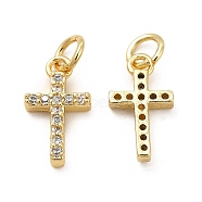 Brass Micro Pave Cubic Zirconia Charms, with Jump Ring, Religion Cross Charm, Golden, 13.5x7.5x2.5mm, Hole: 3.3mm(KK-E068-VB260)