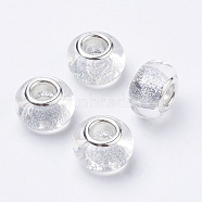 Resin European Beads, Large Hole Beads, with Glitter Powder & Platinum Tone Brass Double Cores, Rondelle, Light Steel Blue, 14x9mm, Hole: 5mm(RPDL-T001-01T)