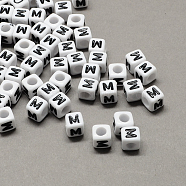 Large Hole Acrylic Letter European Beads, Horizontal Hole, White & Black, Cube with Letter.M, 10x10x10mm, Hole: 4mm, about 564pcs/500g(SACR-Q103-10mm-01M)