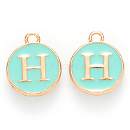 Golden Plated Alloy Enamel Charms, Cadmium Free & Lead Free, Enamelled Sequins, Flat Round with Letter, Turquoise, Letter.H, 14x12x2mm, Hole: 1.5mm(ENAM-S118-05H)