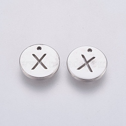 Non-Tarnish 304 Stainless Steel Charms, Flat Round with Letter, Stainless Steel Color, Letter.X, 10x1mm, Hole: 1mm(STAS-P225-104P-10)