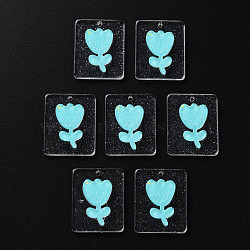 Cellulose Acetate(Resin) Pendants, with Glitter Powder, Rectangle with tulip, Cyan, 24.5x19.5~20x4~4.5mm, Hole: 1.4mm(KY-N015-73)