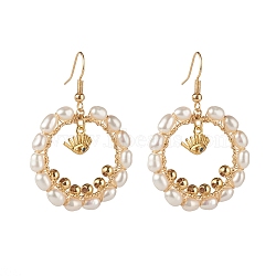 Pearl Beads Brass Dangle Earrings, Oval with Evil Eye, White, 47mm, Pin: 0.7mm(EJEW-JE04568-01)