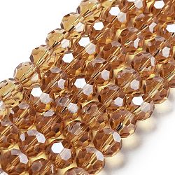 Electroplate Transparent Glass Beads Strands, Faceted, Round, Pearl Luster Plated, Camel, 10mm, Hole: 1.2mm, about 65~69pcs/strand, 23.03~24.49 inch(58.5~62.2cm)(EGLA-A035-T10mm-A17)