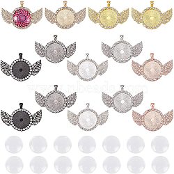 DIY Pendant Making Kits, with Alloy Crystal Rhinestone Pendant Cabochon Settings and Transparent Glass Cabochons, Flat Round with Wing, Mixed Color, Cabochon Setting: Tray: 25mm, 41x60x3mm, Hole: 3.5x5.5mm, 14pcs/box(DIY-NB0003-98)