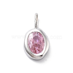 925 Sterling Silver Cubic Zirconia Oval Charms, Birthstone Charms with 925 Stamp, Silver Color Plated, Pearl Pink, 14.5x8x3mm, Hole: 3.5x2mm(STER-S006-01S-J)