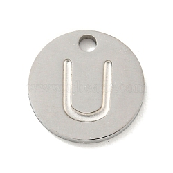 Non-Tarnish 304 Stainless Steel Pendants, Laser Cut, Flat Round with Letter Charm, Stainless Steel Color, Letter U, 10x1mm, Hole: 1.4mm(FIND-M017-02P-U)