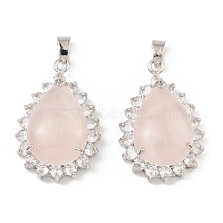 Natural Rose Quartz & Rhinestone Pendants, with Platinum Tone Rack Plating Brass Wire Wrap, Long-Lasting Plated, Lead Free & Cadmium Free, Teardrop, 40x26x13mm, Hole: 6x4.5mm(G-K338-31P-07)