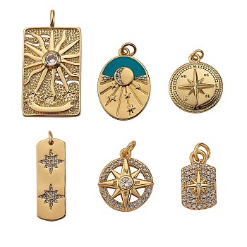 6Pcs 6 Style Brass Micro Pave Cubic Zirconia Pendants, Mixed Shapes, Golden, 1pc/style