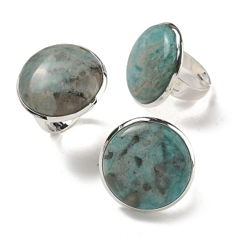 Natural Amazonite Round Adjustable Rings, Lead Free & Cadmium Free, Silver Plated Brass Finger Rings for Women Men, Round: 28mm, Inner Diameter: 18mm