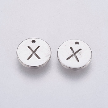 304 Stainless Steel Charms,  Flat Round with Letter, Stainless Steel Color, Letter.X, 10x1mm, Hole: 1mm