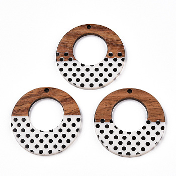 Printed Opaque Resin & Walnut Wood Pendants, Ring Charm with Polka Dot Pattern, White, 38x3.5mm, Hole: 2mm