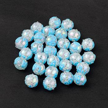 Rainbow Iridescent Crackle Acrylic Enamel Beads, with Rhinestone, Bumpy, Round with Word, Light Sky Blue, 17~17.5x15mm, Hole: 2.3mm