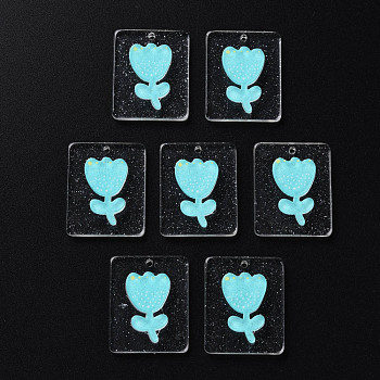 Cellulose Acetate(Resin) Pendants, with Glitter Powder, Rectangle with tulip, Cyan, 24.5x19.5~20x4~4.5mm, Hole: 1.4mm