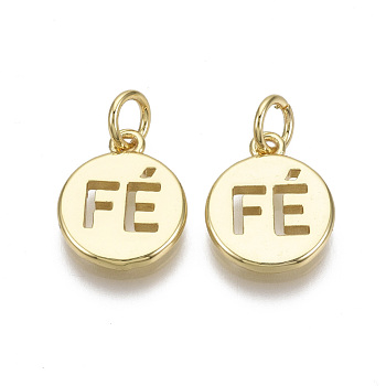 Brass Charms, with Jump Ring, Nickel Free, Flat Round with Word, Real 18K Gold Plated, 13.5x11x1.5mm, Hole: 3mm