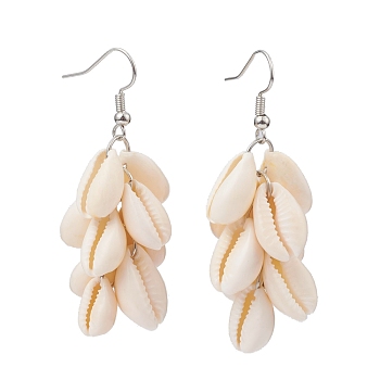 Natural Cowrie Shell Dangle Earrings, Cluster Earrings, with Brass Earring Hooks, Platinum, Antique White, 56mm, Pin: 0.6mm