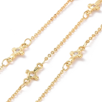 Clear Cubic Zirconia Cross Link Chains, with Brass Cable Chains, Unwelded, with Spool, Cadmium Free & Nickel Free & Lead Free, Real 18K Gold Plated, 11x5x1.5mm