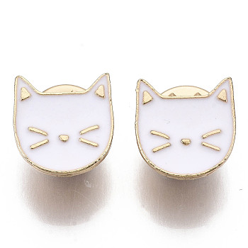 Alloy Brooches, Enamel Pin, with Brass Butterfly Clutches, Cat Shape, Light Gold, White, 14.5x14x2mm, Pin: 1mm