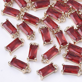Transparent Glass Charms, with Brass Findings, Faceted, Rectangle, Light Gold, Red, 8.5x4x3mm, Hole: 1mm