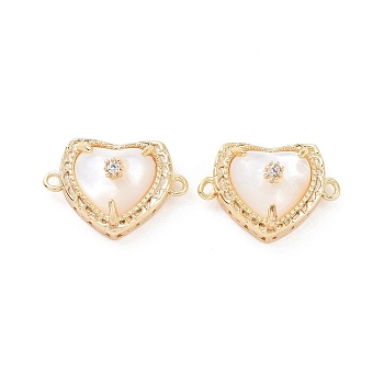Natural Shell Connector Charms, Heart Links, with Brass Clear Cubic Zirconia Findings, Real 18K Gold Plated, 10x14x6.5mm, Hole: 1mm