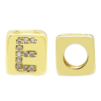 Brass Micro Pave Clear Cubic Zirconia European Beads, Cube with Letter, Letter.E, 8.5x8.5x8.5mm, Hole: 5mm, 3pcs/bag