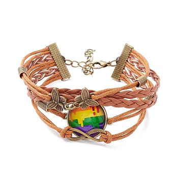 Rainbow Pride Bracelet, Strip Pattern Flat Round & Butterfly Links Multi-strand Bracelet for Men Women, Chocolate, Stripe Pattern, 7-1/4 inch(18.5cm)
