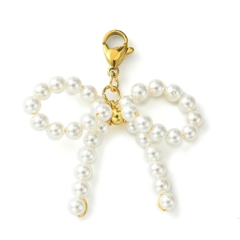 Shell Pearl Bowknot Pendant Decorations, with 304 Stainless Steel Lobster Claw Clasps, White, 43mm