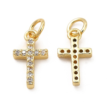 Brass Micro Pave Cubic Zirconia Charms, with Jump Ring, Religion Cross Charm, Golden, 13.5x7.5x2.5mm, Hole: 3.3mm