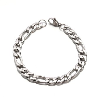 Boy's 304 Stainless Steel Mother-Son Figaro Chain Bracelets, with Lobster Claw Clasp, Faceted, Stainless Steel Color, 8-1/4 inch(210mm), 8.5mm