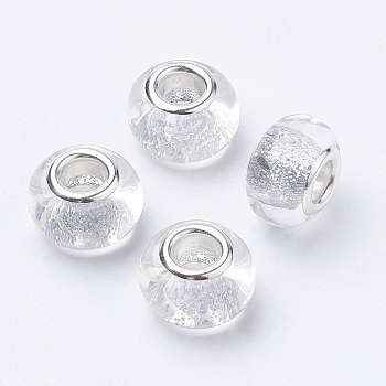 Resin European Beads, Large Hole Beads, with Glitter Powder & Platinum Tone Brass Double Cores, Rondelle, Light Steel Blue, 14x9mm, Hole: 5mm