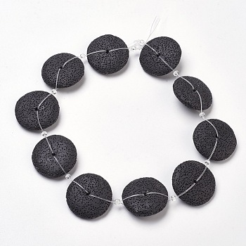 Natural Lava Rock Beads Strands, Dyed, Flat Round, Black, 32~33x9mm, Hole: 2mm, about 10pcs/strand, 14.9 inch(38cm)